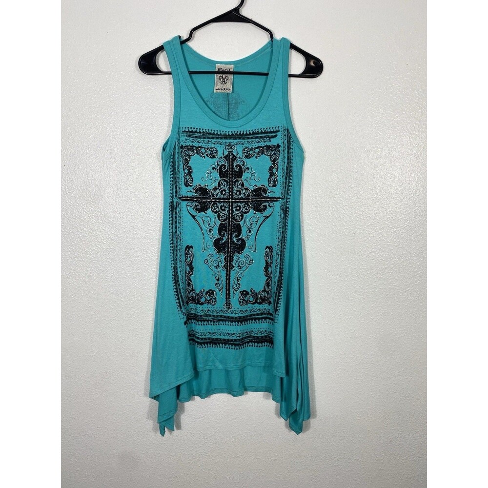 Y2K Vocal Turquoise Sleeveless Rhinestone Cross Tunic Top Rayon Spandex Size S - Picture 2 of 15